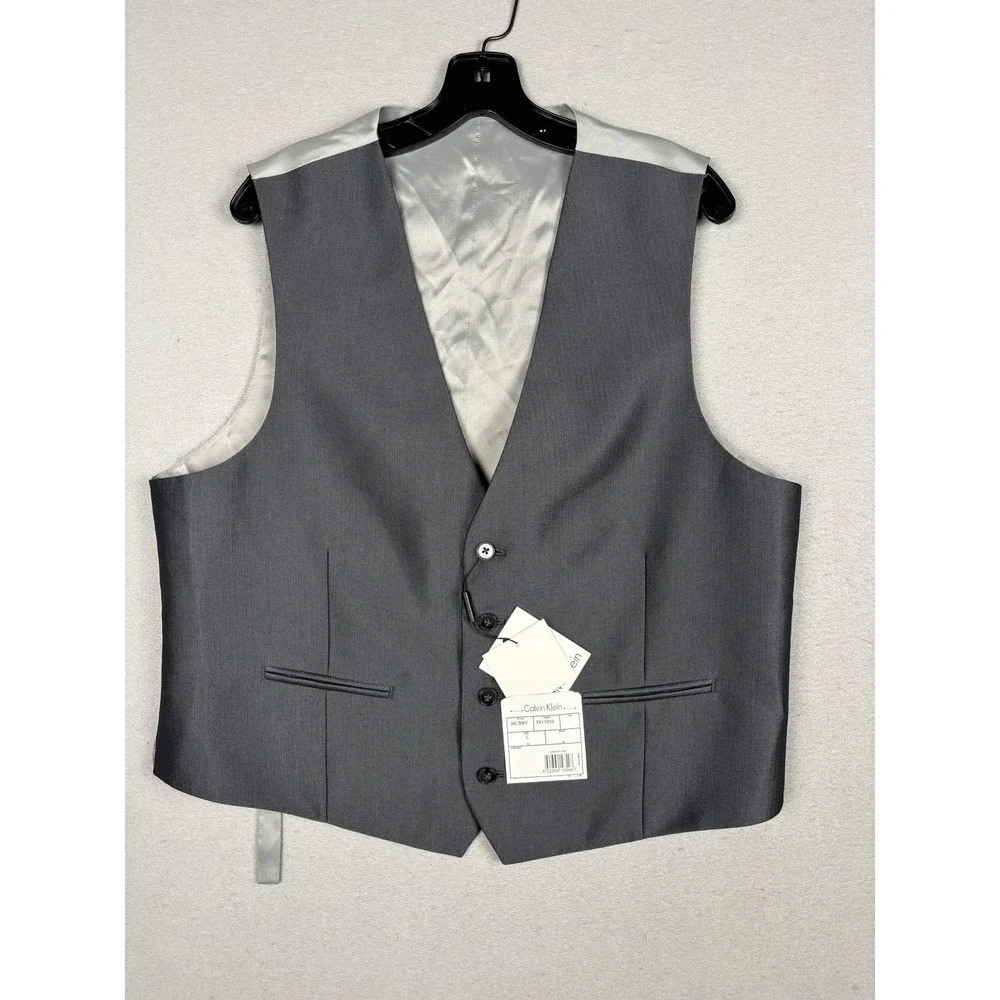 Calvin Klein Suit Vest Mens Large Gray Herringbone Belted 2 Piece Formal Wedding